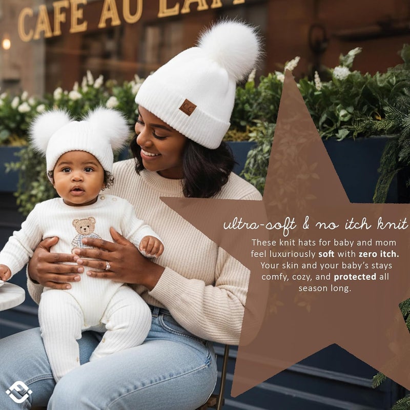 Funky Junque Mommy & Me Double Pom Beanies – Mama & Mini Matching Winter Outfits, Mom & Infant Baby Girl Beanie Hat Set - Image 2